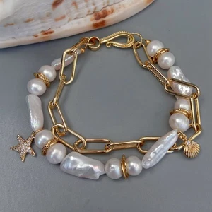 Bracciale con ciondolo catena placcato oro perle biwa bianche perle acqua dolce 8" - Foto 1 di 6