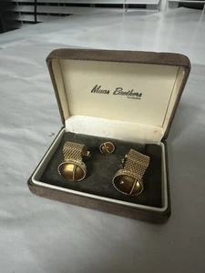 Juego de gemelos y corbatas vintage de Maas Brothers Florida tono dorado ojo de tigre malla - Imagen 1 de 4