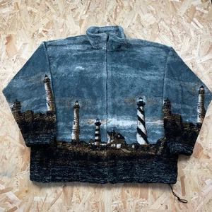 Vintage 1990s Lighthouse Seaside Sherpa Mazmania Fleece Jacket Made in USA L XL - Picture 1 of 5