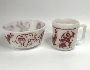 Hazel Atlas Circus Animals Child's Mug and Bowl Set - Milk Glass Red Vintage - Picture 1 of 6