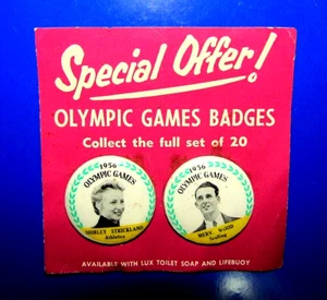 1956 Olympic Games Lux Card With 2 Badges Strickland and Wood Scarce - Picture 1 of 2