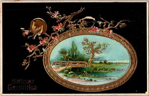 Postal de cumpleaños de gel dorado escena de puente de madera enmarcada 1911 - Imagen 1 de 2