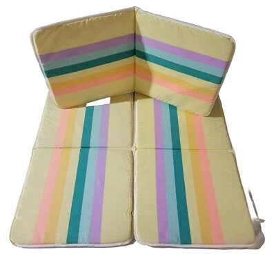 3 Vtg Outdoor Chair Cushions Approx 31" x 17" Yellow w/ Multicolored Stripes  - Image 1 of 4