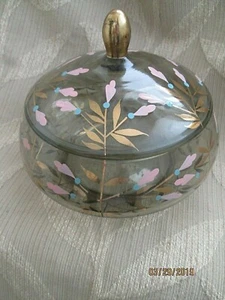 Shabby Chic Hand Painted Smoke Glass Powder/Candy Lidded Jar! Fenton? Czech? - Picture 1 of 4