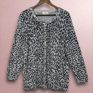 Quacker Factory Animal Print Cardigan Women Size 1X Gray Button Front - Picture 1 of 13