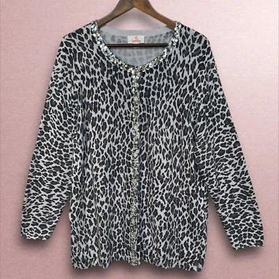 Quacker Factory Animal Print Cardigan Women Size 1X Gray Button Front - Image 1 of 4
