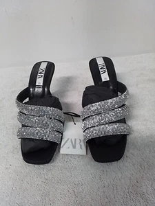 Size 5 Women's Zara Sparkling Rhinestone High Heels Slide Black Slip On Sandals - Picture 1 of 5