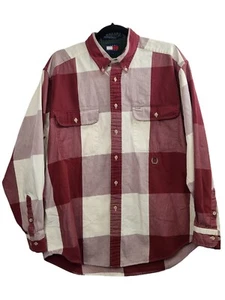 Tommy Hilfiger Long Sleeve Button Down Shirt Red Cream Plaid Men's L Cotton - Picture 1 of 8
