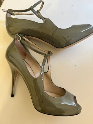 VALENTINO GARAVANI Gris Verde Cuero Peep Toe T Correa Tacones Talla EU 38.5 8 Foto 1 de 4
