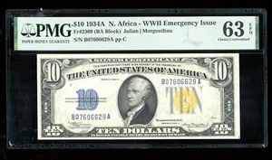 DBR 1934-A $10 North Africa Silver Fr. 2309 PMG 63 EPQ Serial B07606629A - Picture 1 of 2