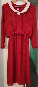 Vintage Maree Red Dress Women's Size 12 with White Collar Rose & Black Polkadots - Picture 1 of 6