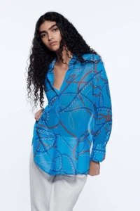 Zara blaue maritime Oversize-Bluse mit Seil und Knopfleiste und Kragen Größe Medium - Bild 1 von 12