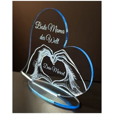 Muttertag Geschenk Acryl Herz Beste Mama der Welt Wunschgravur fluoreszierend - Bild 1 von 2