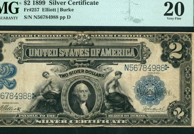 Certificado de plata de $2 1899 ** SUBASTAS DIARIAS DE DIVISAS ((PMG - 20)) Foto 1 de 3