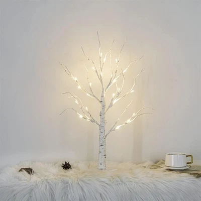 BATTERY White Twig Christmas Tree with Lights 2FT Tabletop Birch Tree 60CM