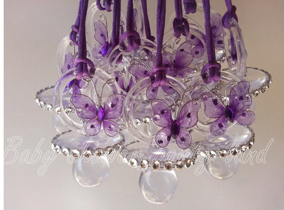 12 Collar Chupete Mariposa Púrpura Baby Shower Juego Niña Favor Premio Recuerdo Foto 1 de 4