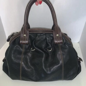 Nordstrom’s Large Black With Brown Accents Pebbled Leather Satchel Made In Italy - Picture 1 of 13
