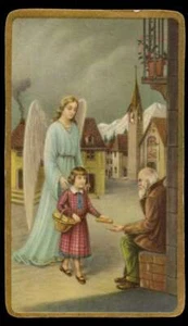 GUARDIAN ANGEL & GIRL GIVING BREAD TO POOR Old 1930's GOLD EDGE HOLY CARD - Picture 1 of 2