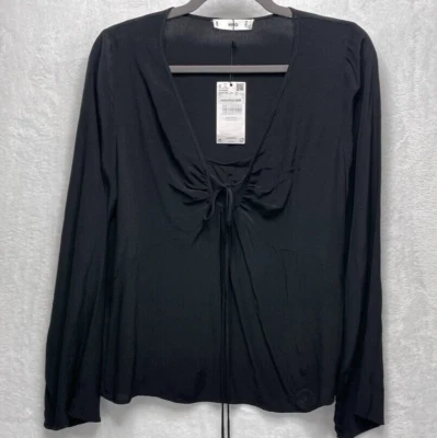MNG Mango Blouse Women's 6 Black Long Sleeve Tie Keyhole Front & Camisole Tank - Image 1 of 4