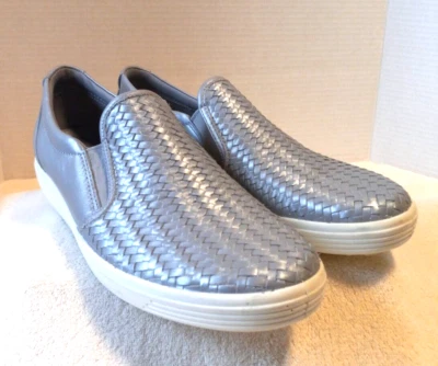 Zapatos Mocasines Ecco Para Hombre Cuero Tejido Sin Cordones Cómodos Metálicos Plateados talla 42 Foto 1 de 4