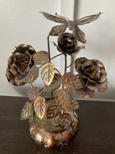 Brutalist Copper Tone Metal Music Box Flowers Butterfly Floral Sculpture Plays - Picture 1 of 9