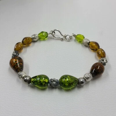 Sterling and Glass Bead Bracelet 7.5" Green and Amber Glass 925 - Image 1 of 4