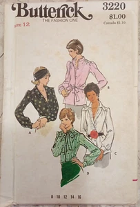 BUTTERICK 3220 VTG 70s Blouse Gathered Yoke Collar stand bow Sz 12 UNCUT Pattern - Picture 1 of 7
