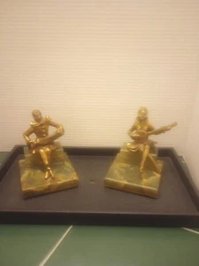 Art Deco French Green Onyx & Bronze Musicians Bookends Very Rare - Picture 1 of 20