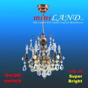 Kristall KUPFER Kronleuchter 6 Arme LED LAMPE Puppenhaus Miniatur Licht Akku - Bild 1 von 7