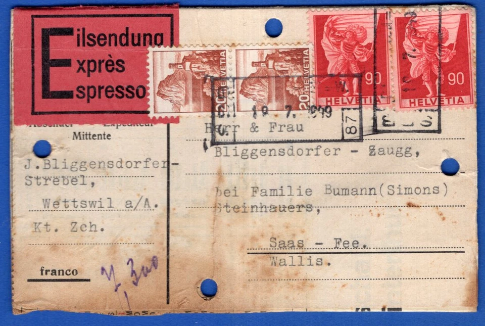 SWITZERLAND, 1949, FRONT EXPRES COVER BY TRAIN - Image 1 of 1