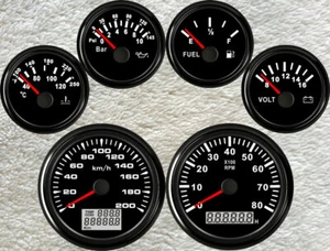 6 Gauge set with senders,200KPH Speedo,Tacho,Fuel,Temp,Volts,Oil Pressure Black - Picture 1 of 11