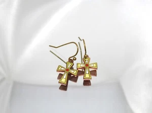 Vintage Cross Earrings Copper Enamel Petite Drop Jewellery. - Picture 1 of 6