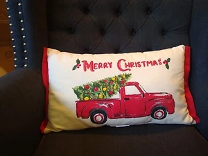 EMBROIDERED Merry Christmas PILLOW Old Red Pick-up Truck 20" X 11" EUC - Picture 1 of 6
