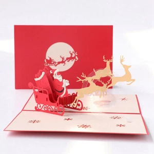 20x13 Flying Deer Cart 3D Pop-up Greeting Card Blessing Gift Message W/ Envelope - Picture 1 of 12