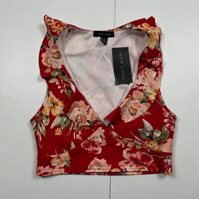 New Look Top 8 Red Floral Women's Sleeveless Vest V-Neck Ruffle Flutter - Image 1 of 4