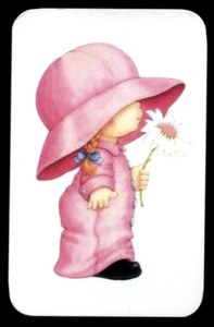 MODERN BLANK BACK SWAP CARD SWEET GIRL PINK OUTFIT & LARGE SHADE HAT HOLD FLOWER - Picture 1 of 1