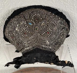 Antique European Metallic Gemstone Pearl Headdress Bonnet Cap 19th Century - Picture 1 of 14