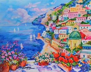 POSITANO ITALY PAINTING FLOWERS COAST ORIGINAL GRIMALDI ITALIAN DECOR LANDSCAPE - Picture 1 of 10