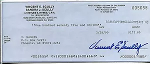 Autógrafo Vin Scully Firmado por los Dodgers a cheque azul Autógrafo Autenticación JSA IMagn - Imagen 1 de 2
