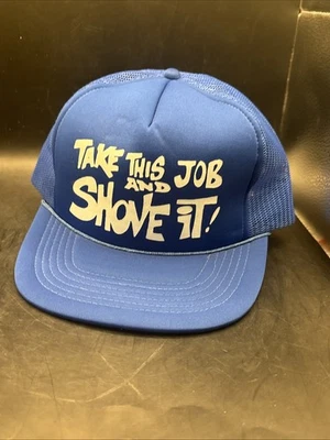 1980s Vintage Take This Job & Shove It Mesh Trucker Hat Blue Snapback VGC - Image 1 of 4