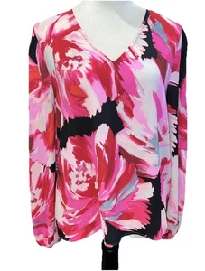 Halogen Pink Floral Long Sleeve V-Neck Blouse Women's Size Small - Picture 1 of 10