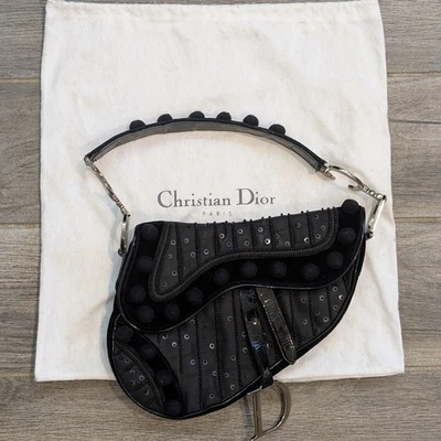 Christian Dior Limited Edition Black Pom Pom Embellished Saddle Bag - Image 1 of 4