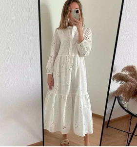 ZARA WHITE COLLARED CUTWORK EMBROIDERY MIDI DRESS WITH LINING SIZE S BNWT - Picture 1 of 15