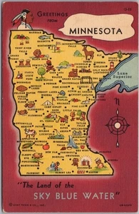 1940 Minnesota State Map / Greetings Postcard "Land of Sky Blue Water" LINEN - Picture 1 of 2