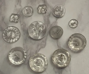 Vintage 12 Czech Clear Depression Crystal Glass Crafting Buttons 107-4 - Picture 1 of 16