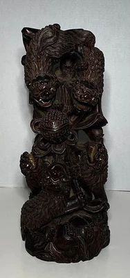 "ESTATUA JAPONESA GRANDE DE MADERA TALLADA FOO PERROS LEONES 20"" Antigua MEIJI" Foto 1 de 4