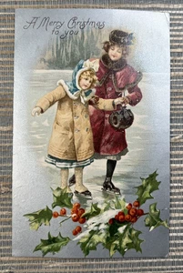 A Merry Christmas To You Ice Skaters Girl Holly Silver Undivided Postcard - Picture 1 of 2