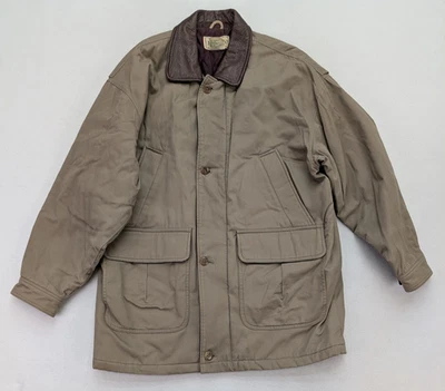 Vintage LL Bean Men's Chore Coat Barn Jacket Size L Beige Brown Leather Collar - Image 1 of 4