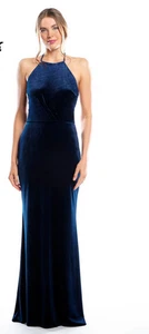 Vestido de Dama de Honor Bari Jay 2088 Azul Marino Terciopelo Talla 10 Nuevo con Etiquetas - Imagen 1 de 2