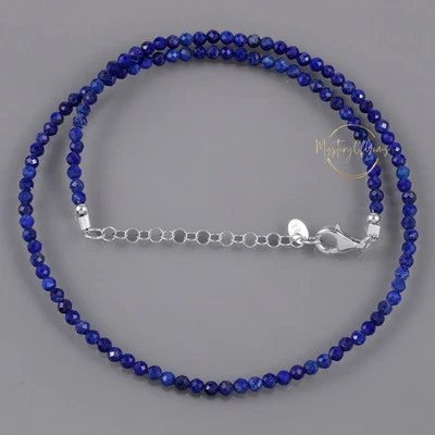 Collana di perle tonde sfaccettate in lapislazzuli naturali 18" con... - Immagine 1 di 4